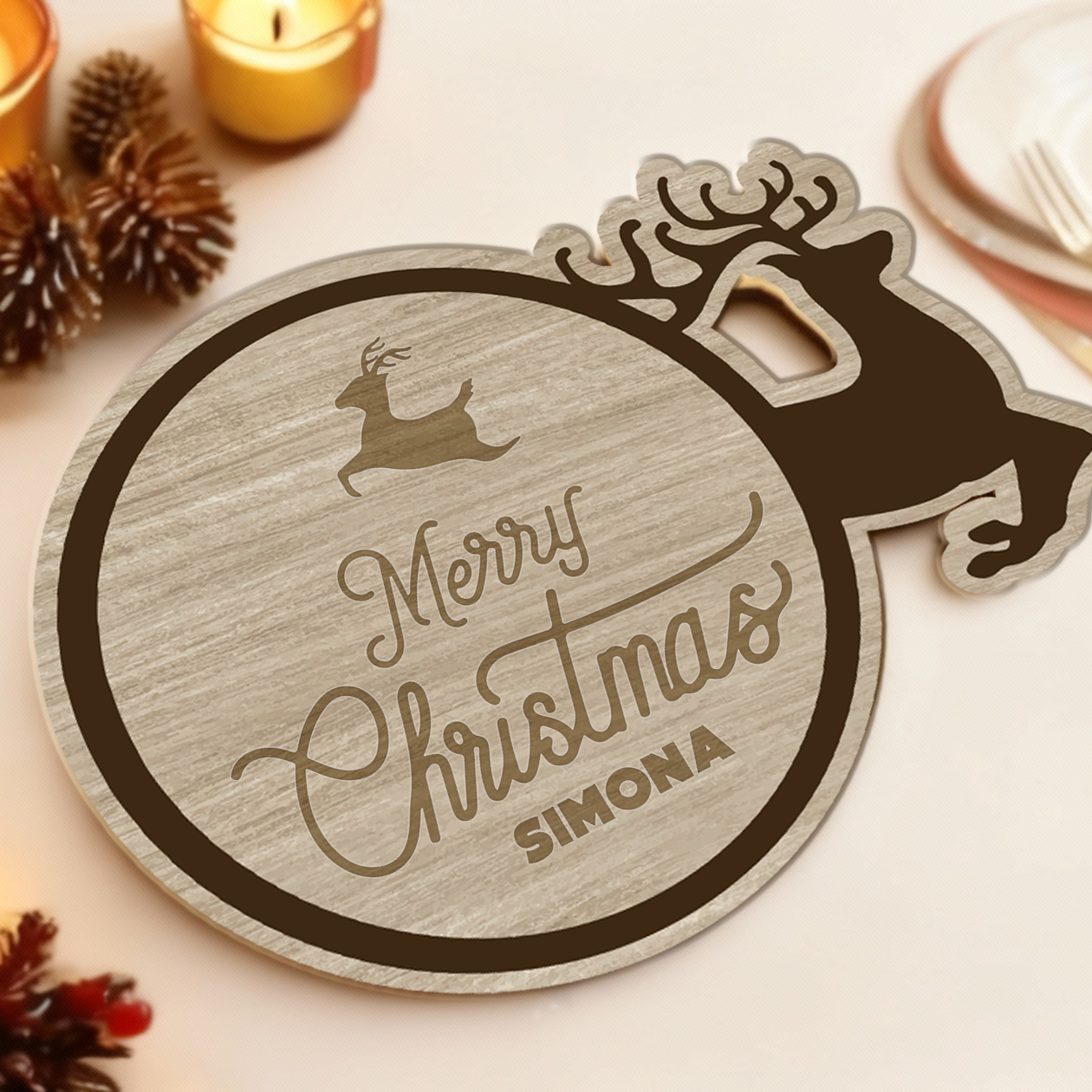 Merry Christmas Renna - Set 3 pezzi Sottobicchiere in Legno - personalizzato con nome