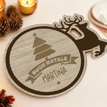 Buon Natale, Renna - Set 3 pezzi Sottobicchiere in Legno - personalizzato con nome