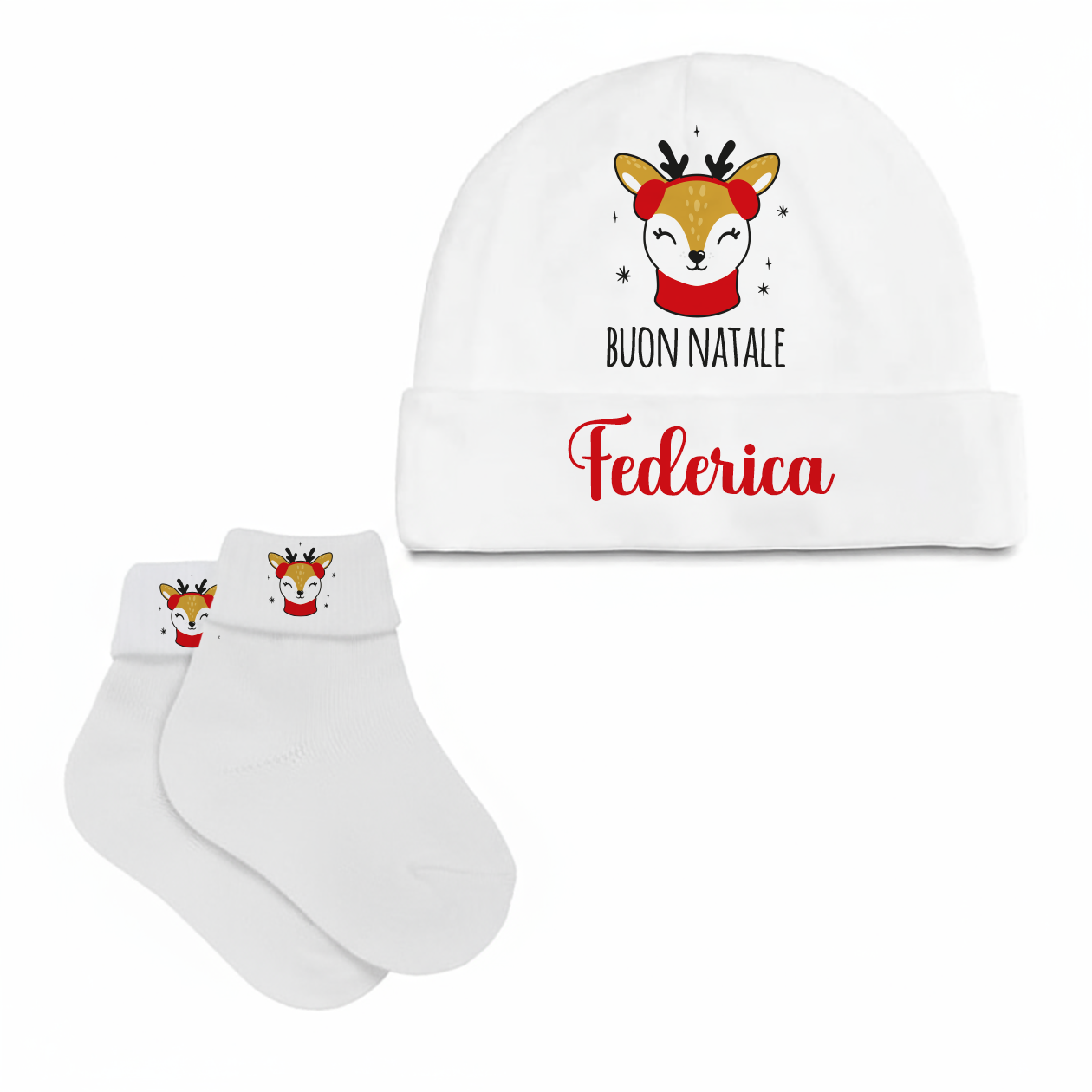 Buon Natale (renna) - Set Nascita Cappellino + Calzini - personalizzato con nome