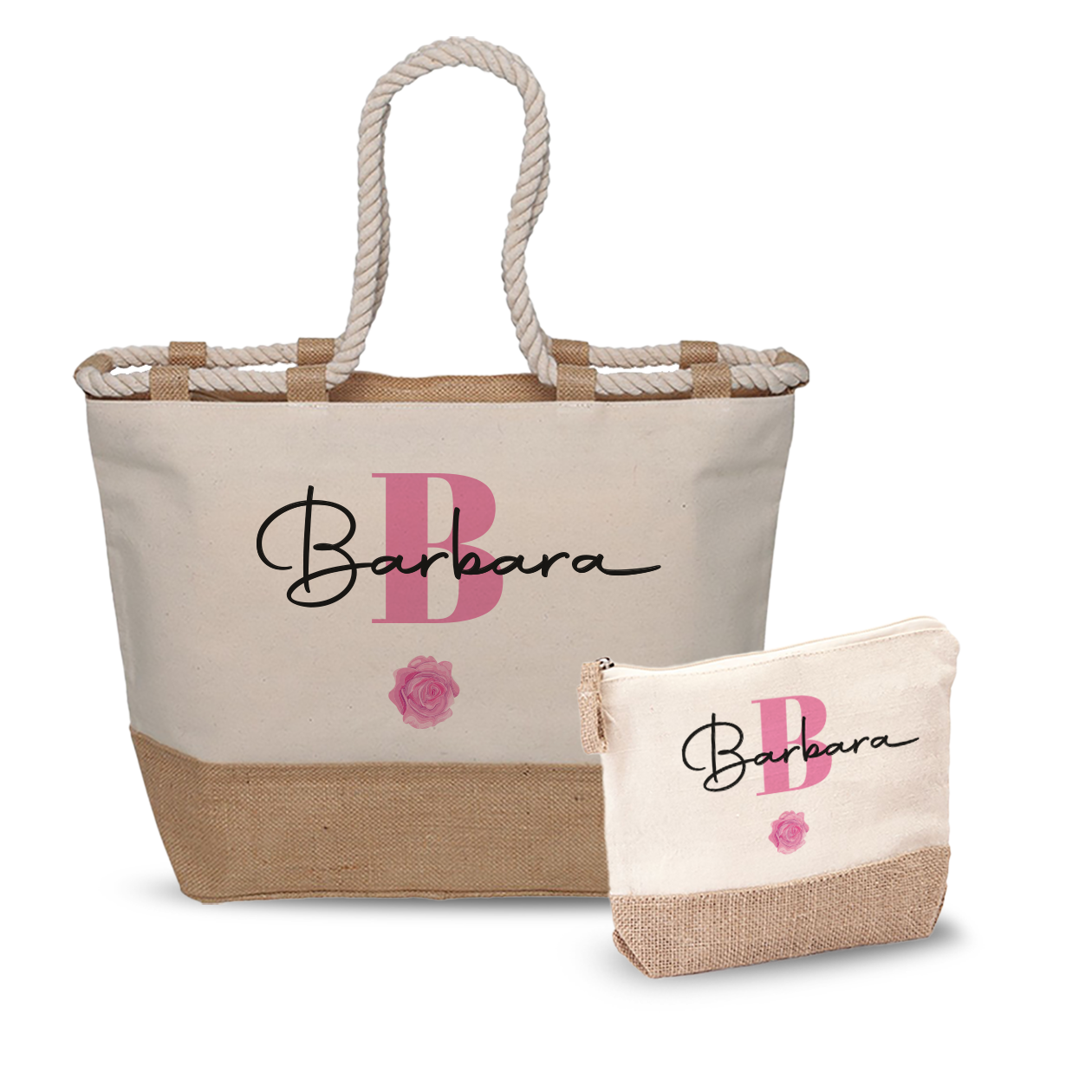 Name Pink Flower - Combo: Borsa mare + Pochette - personalizzata con nome e iniziale
