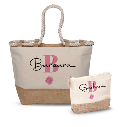 Name Pink Flower - Combo: Borsa mare + Pochette - personalizzata con nome e iniziale