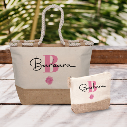 Name Pink Flower - Combo: Borsa mare + Pochette - personalizzata con nome e iniziale