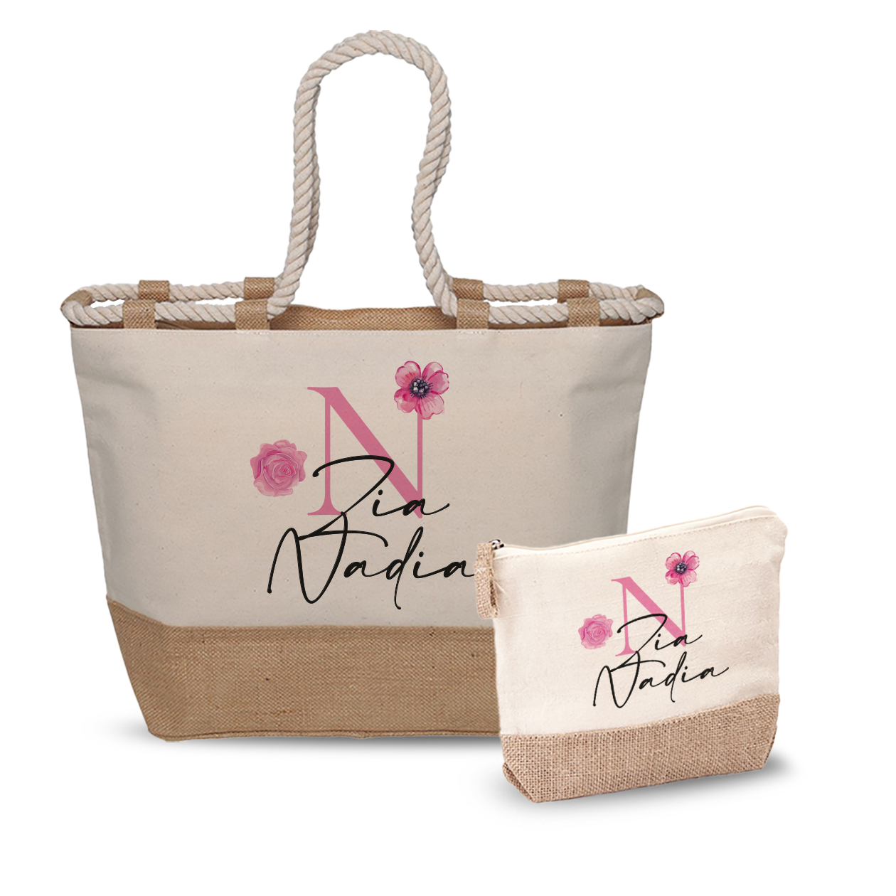 Zia Flowers Pink - Combo: Borsa mare + Pochette - personalizzata con nome e iniziale