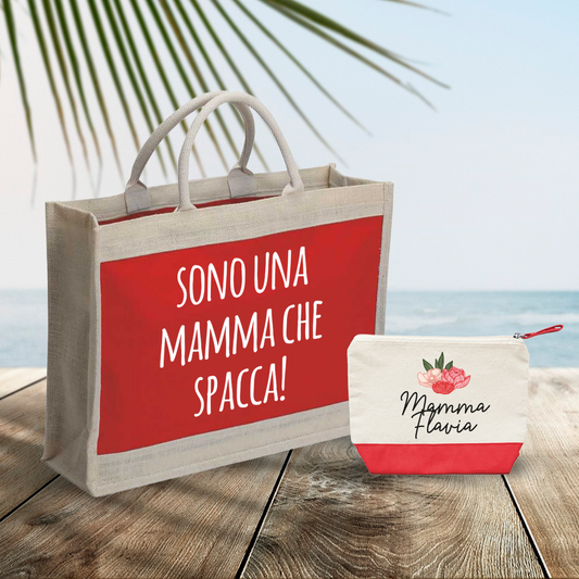 Sono una mamma che spacca - Combo: Borsa mare + Pochette - personalizzata con nome