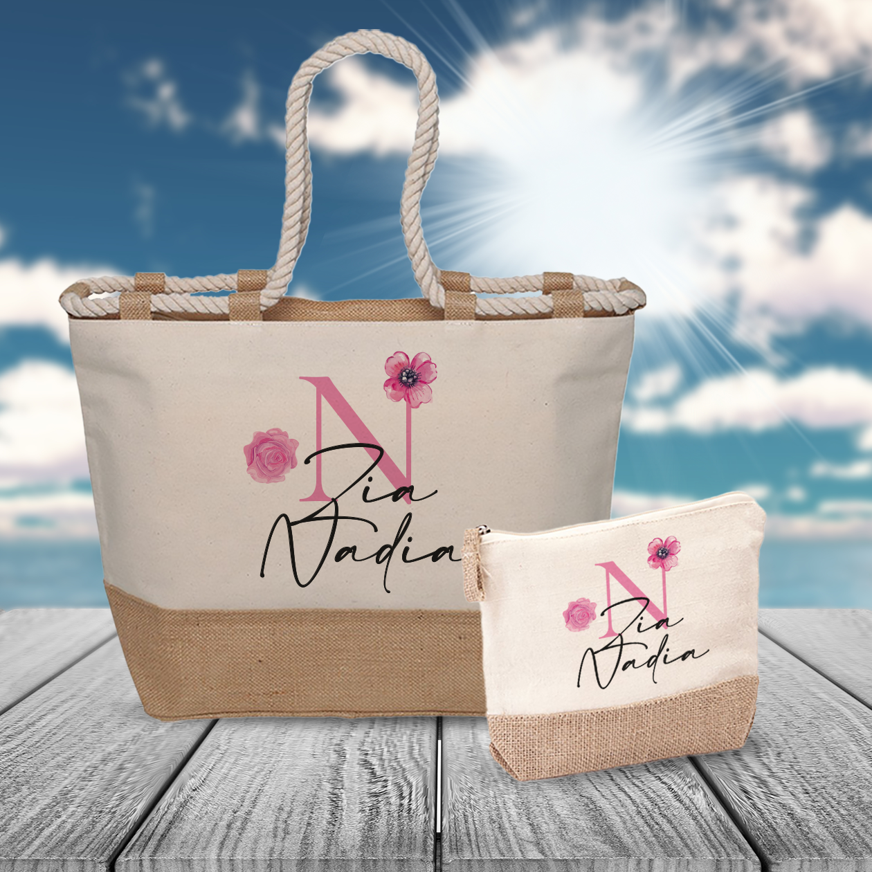 Zia Flowers Pink - Combo: Borsa mare + Pochette - personalizzata con nome e iniziale