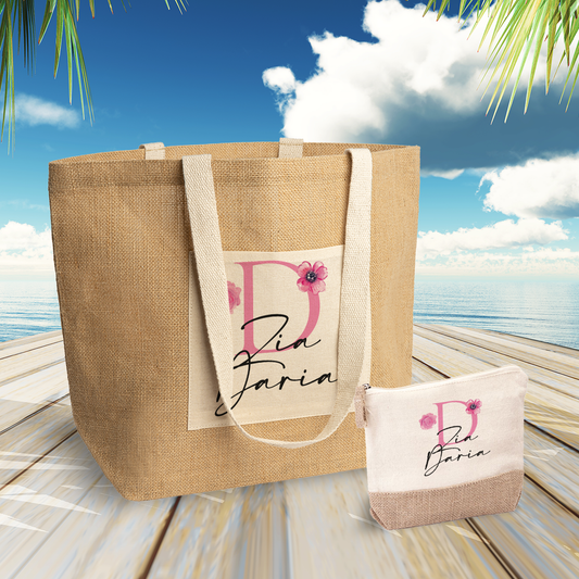 Zia rose - Set Combo Borsa mare e Pochette in Juta laminata - personalizzato con nome e iniziale
