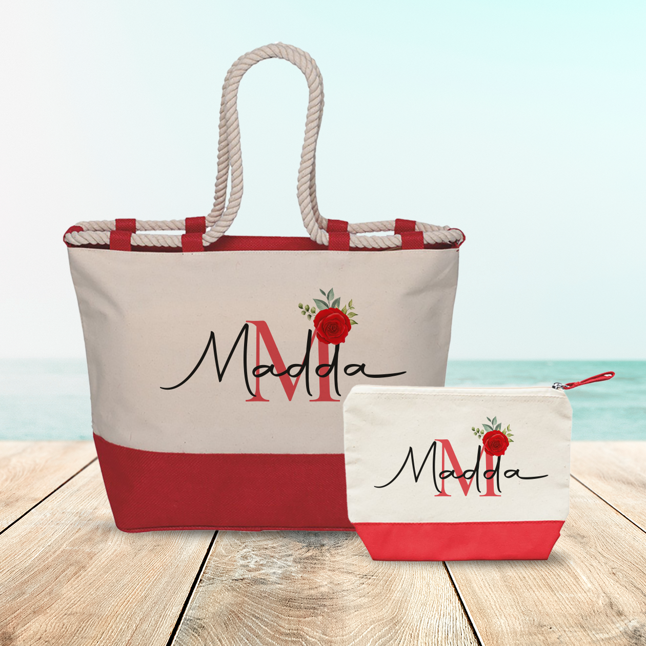 Elegant red - Combo: Borsa mare + Pochette - personalizzata con nome e iniziale