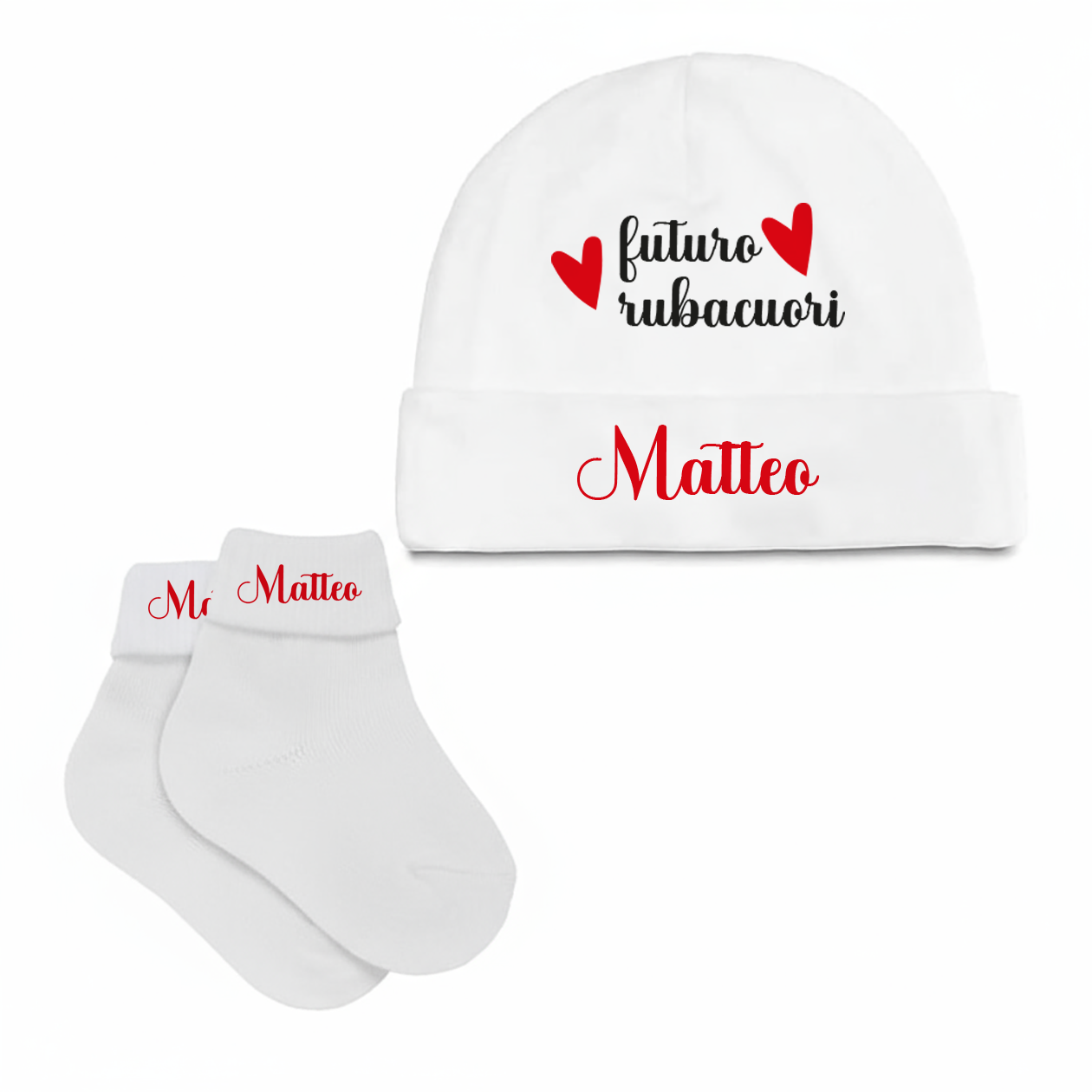 Futuro rubacuori - Set Nascita Cappellino + Calzini - personalizzato con nome