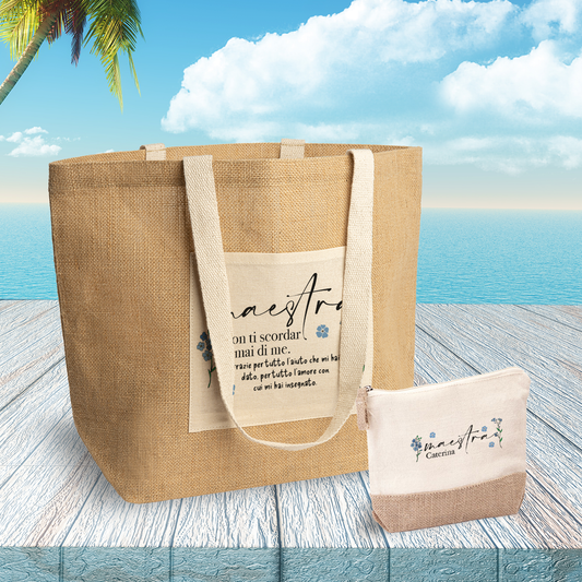 Maestra non ti scordar mai di me - Set Combo Borsa mare e Pochette in Juta laminata - personalizzata con nome
