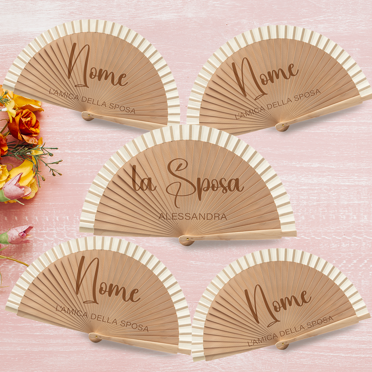 Sposa e amiche - Set da 5 Ventagli in legno - personalizzati con nomi