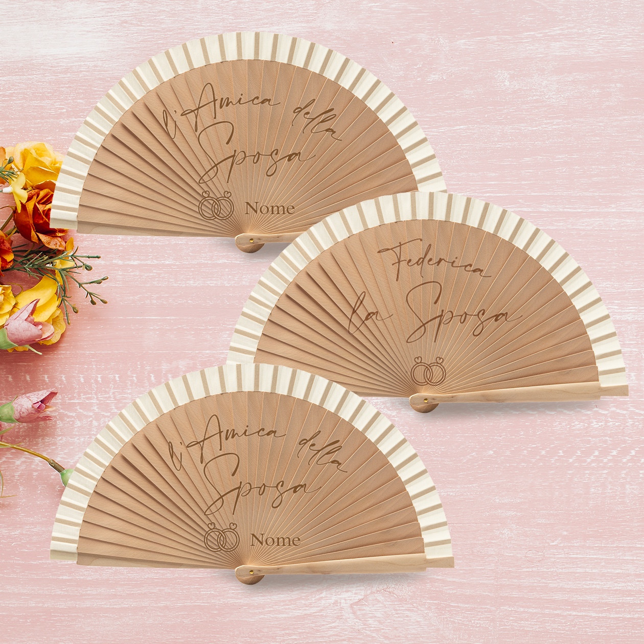 Sposa e amiche - Set da 3 Ventagli in legno - personalizzati con nomi