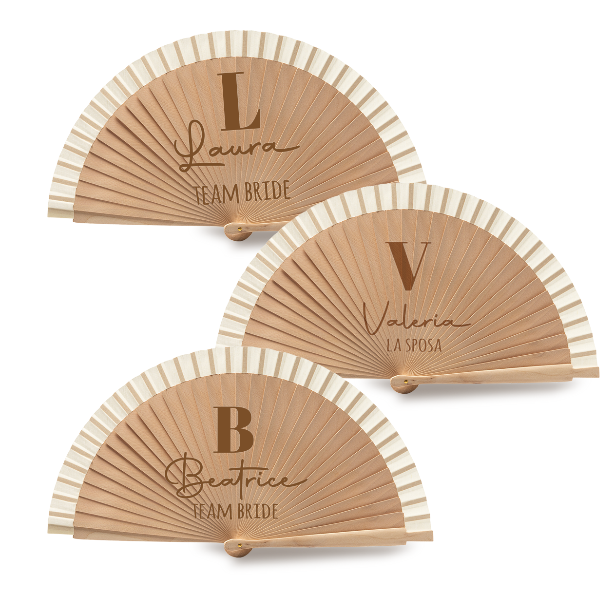 La sposa e il suo team - Set da 3 Ventagli in legno - personalizzati con nomi