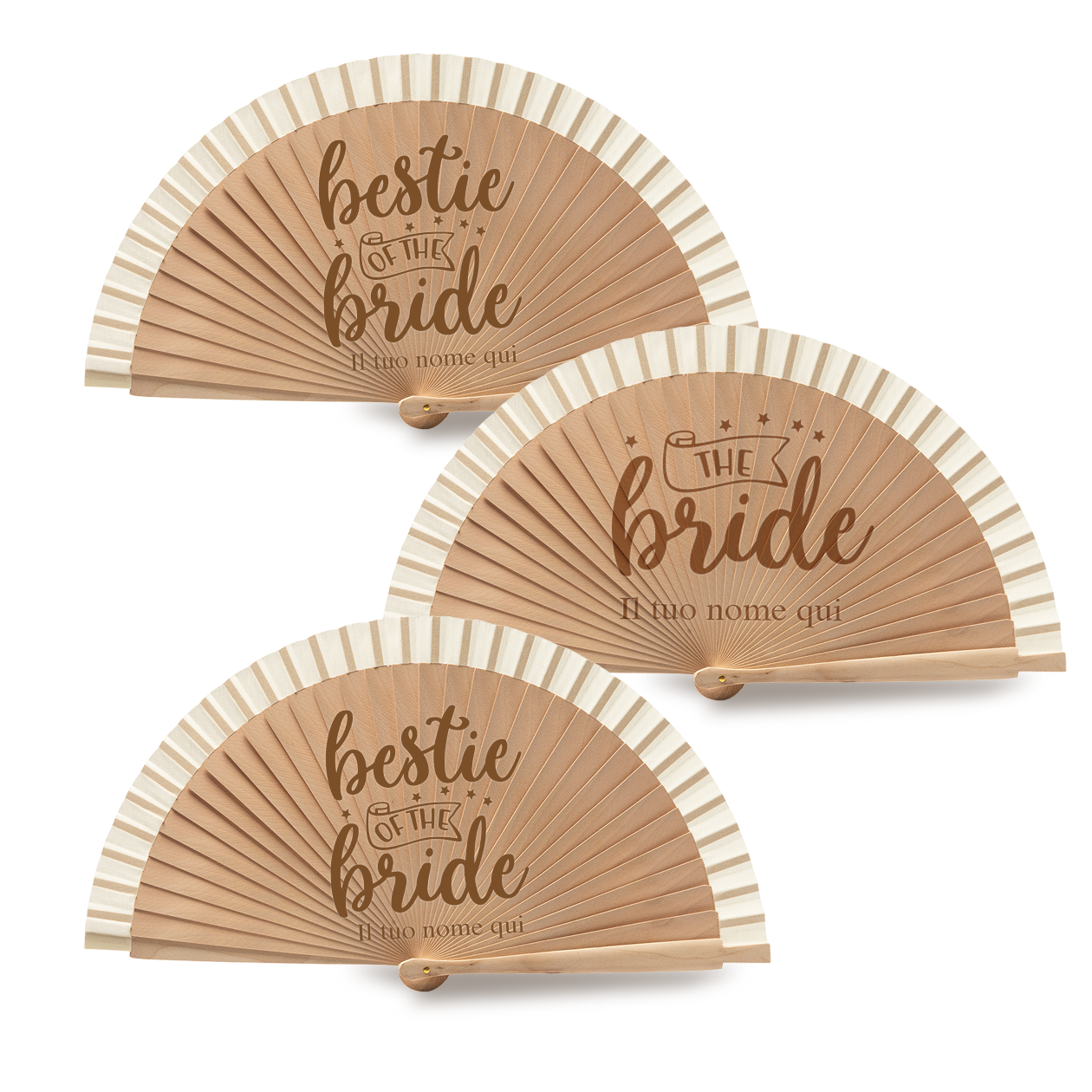 The bride and bestie of the bride - Set da 3 Ventagli in legno - personalizzati con nomi