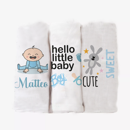Baby Blue Boy - Set 3 pezzi mussole personalizzate con nome