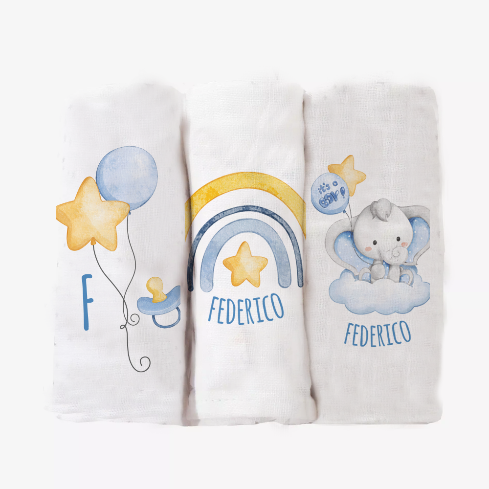 Baby Star Elephant - Set 3 pezzi mussole personalizzate con nome