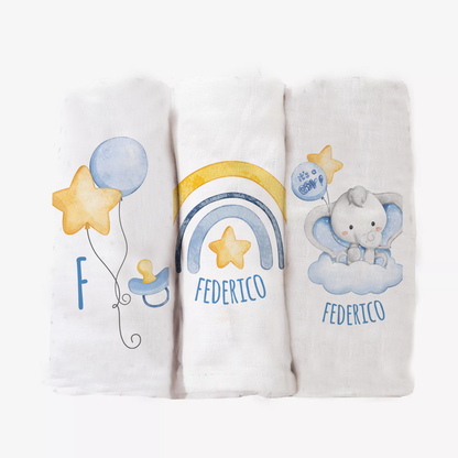Baby Star Elephant - Set 3 pezzi mussole personalizzate con nome