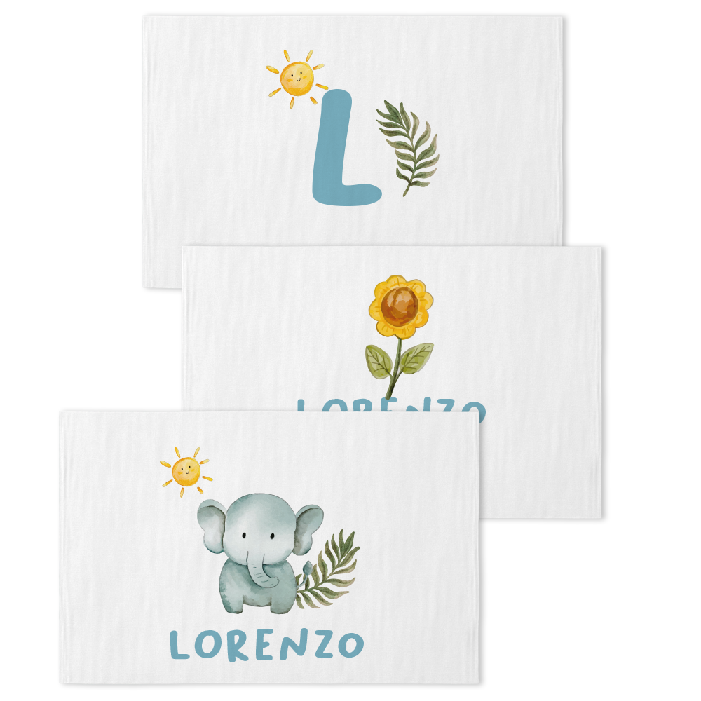 Baby Elephant - Set 3 pezzi mussole personalizzate con nome