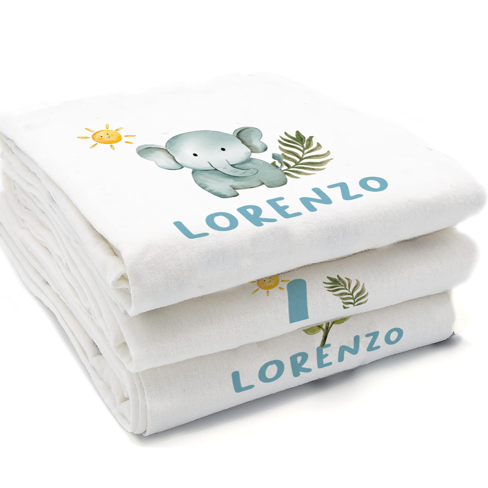 Baby Elephant - Set 3 pezzi mussole personalizzate con nome