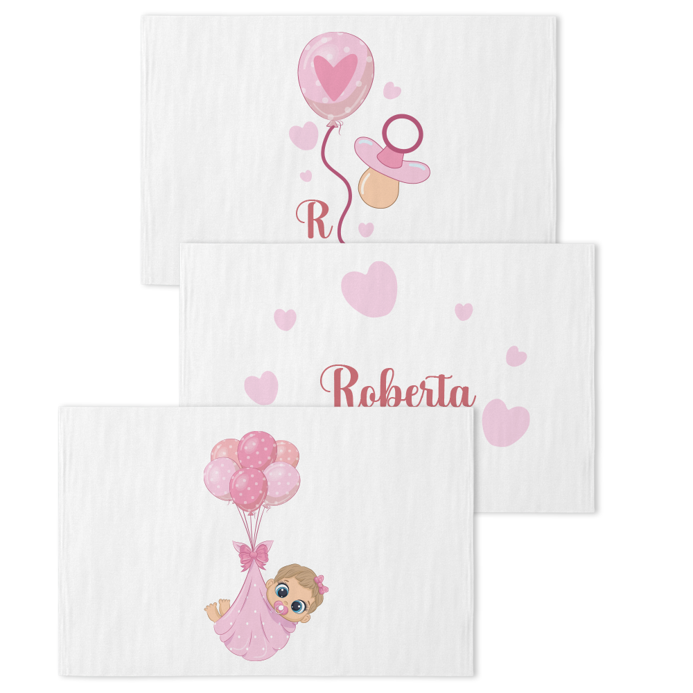 Pink Balloon - Set 3 pezzi mussole personalizzate con nome