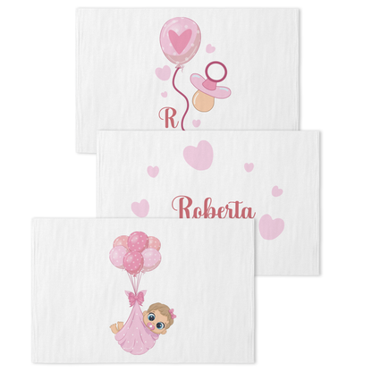 Pink Balloon - Set 3 pezzi mussole personalizzate con nome