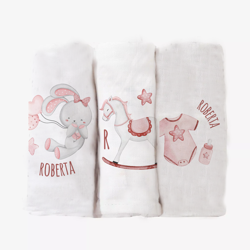 Rabbit Heart - Set 3 pezzi mussole personalizzate con nome