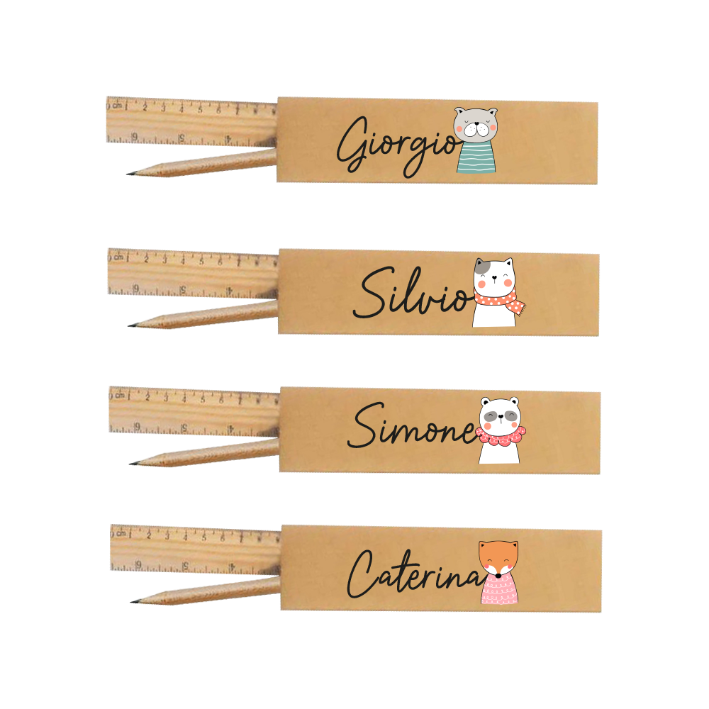 Baby animals - Kit cancelleria regalo in legno da 4 pezzi - personalizzato con nomi