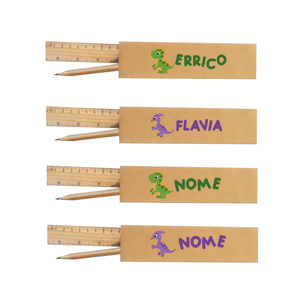Dino - Kit cancelleria regalo in legno da 4 pezzi - personalizzato con nomi