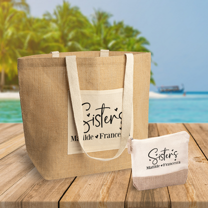 Sisters hearts - Set Combo Borsa mare e Pochette in Juta laminata - personalizzato con nomi