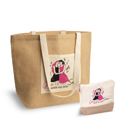 Sorelle dal - Set Combo Borsa mare e Pochette in Juta laminata - personalizzato con nomi e data