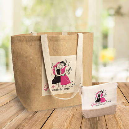Sorelle dal - Set Combo Borsa mare e Pochette in Juta laminata - personalizzato con nomi e data