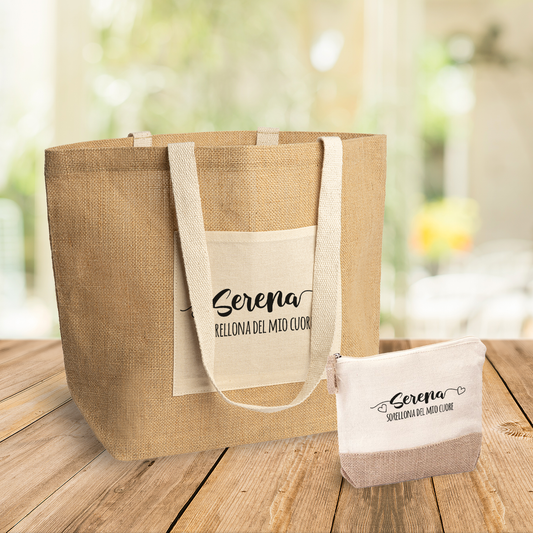 Sorellona del mio cuore - Set Combo Borsa mare e Pochette in Juta laminata - personalizzato con nome