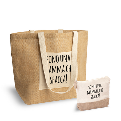 Sono una mamma che spacca - Set Combo Borsa mare e Pochette in Juta laminata