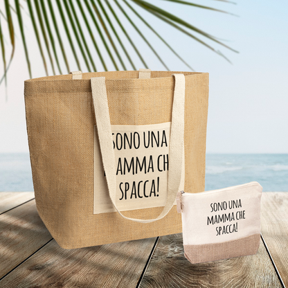 Sono una mamma che spacca - Set Combo Borsa mare e Pochette in Juta laminata
