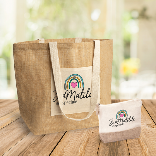 Zia sei speciale - Set Combo Borsa mare e Pochette in Juta laminata - personalizzato con nome