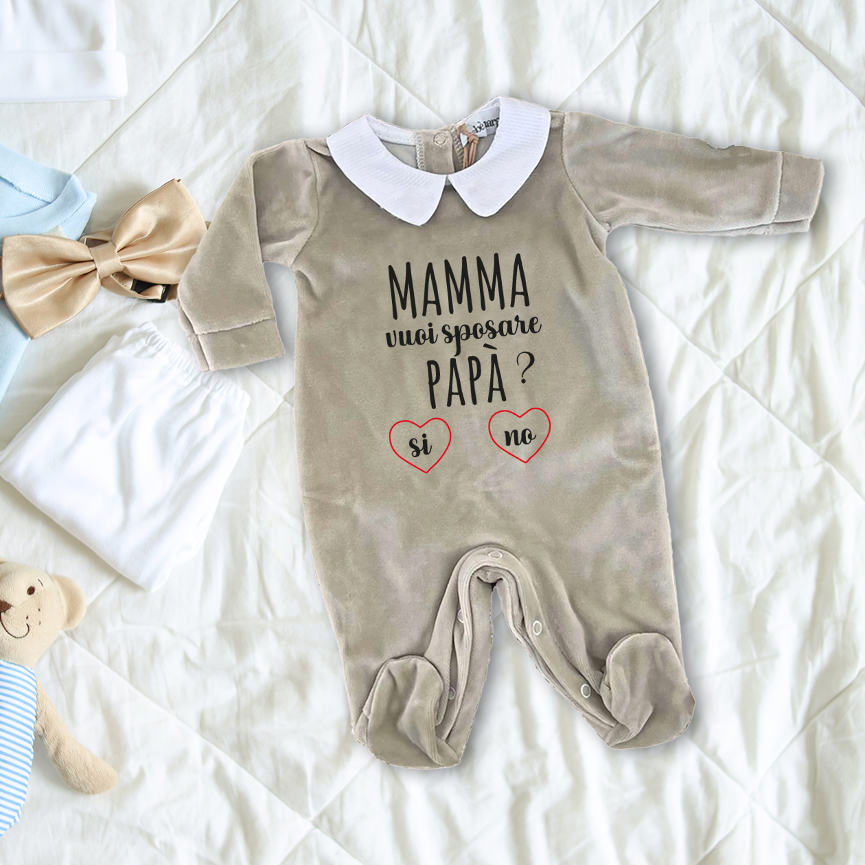 Mamma vuoi sposare papà? - Pagliaccetto Neonato in Ciniglia con Colletto Bianco