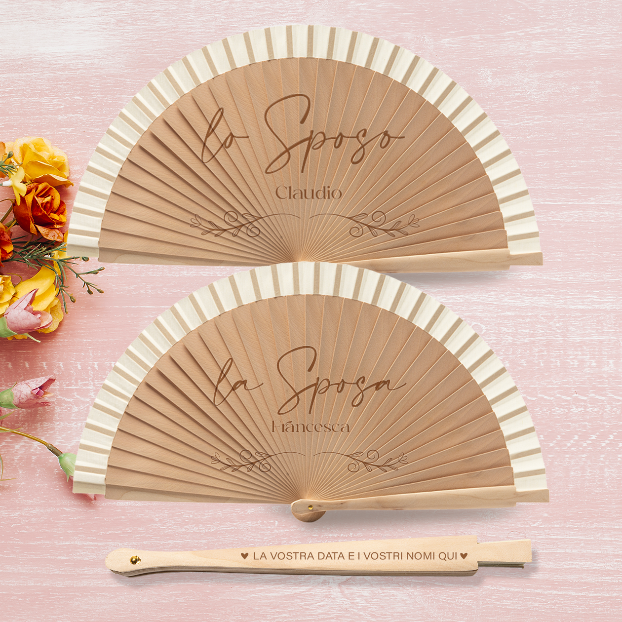 Lo sposo e la sposa - Coppia di Ventagli in legno - personalizzata con nomi e data