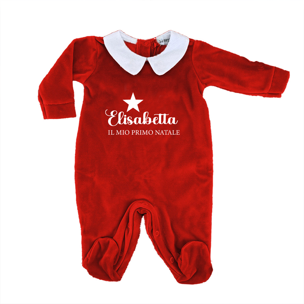 Il mio primo Natale Star  - Pagliaccetto Neonato in Ciniglia con Colletto Bianco - personalizzato con nome