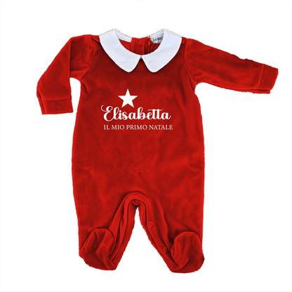 Il mio primo Natale Star  - Pagliaccetto Neonato in Ciniglia con Colletto Bianco - personalizzato con nome