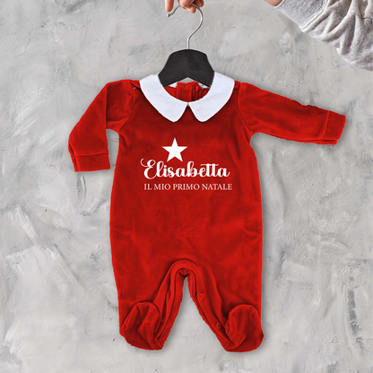 Il mio primo Natale Star  - Pagliaccetto Neonato in Ciniglia con Colletto Bianco - personalizzato con nome