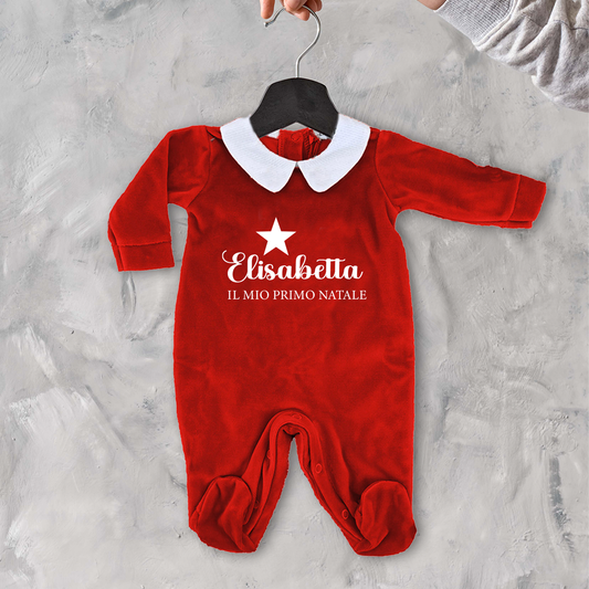 Il mio primo Natale Star  - Pagliaccetto Neonato in Ciniglia con Colletto Bianco - personalizzato con nome