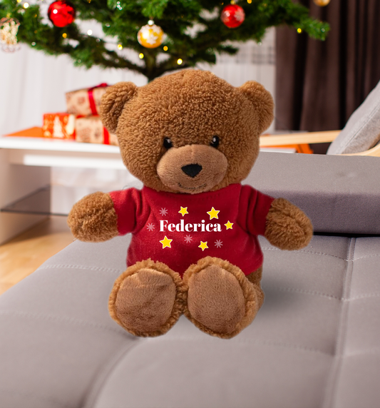 Red Christmas Stars - Teddy - Orsacchiotto di Peluche con Maglietta Personalizzata