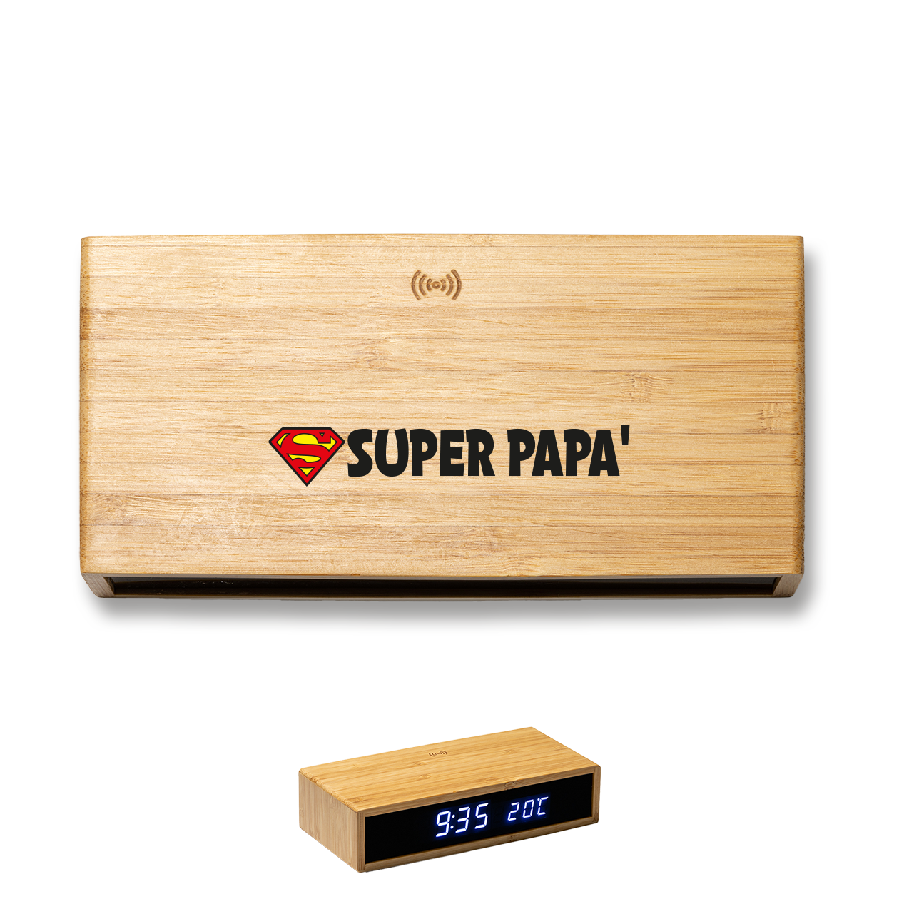 Super papà - Sveglia Digitale in Bambù con Orologio da Tavolo