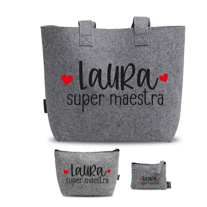 Super maestra - Tris Borse in feltro con designe melange - personalizzato con nome