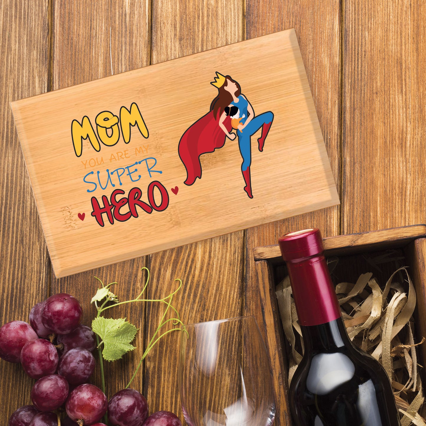 Mom Super Hero - Set da vino in bamboo