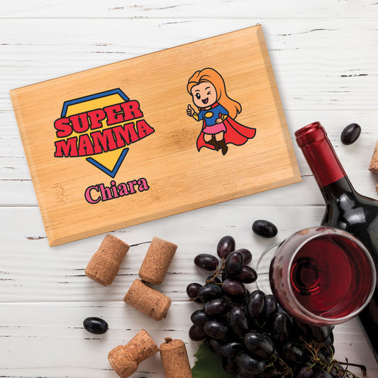 Super mamma (bionda) - Set da vino in bamboo personalizzato con nome