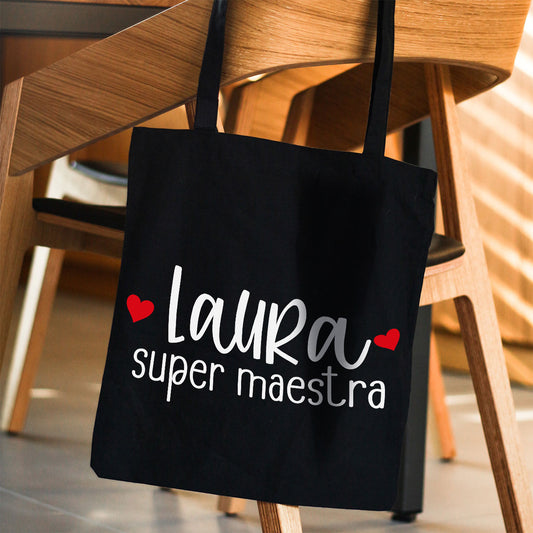 Super maestra - Shopper In Cotone con chiusura zip - personalizzata con nome