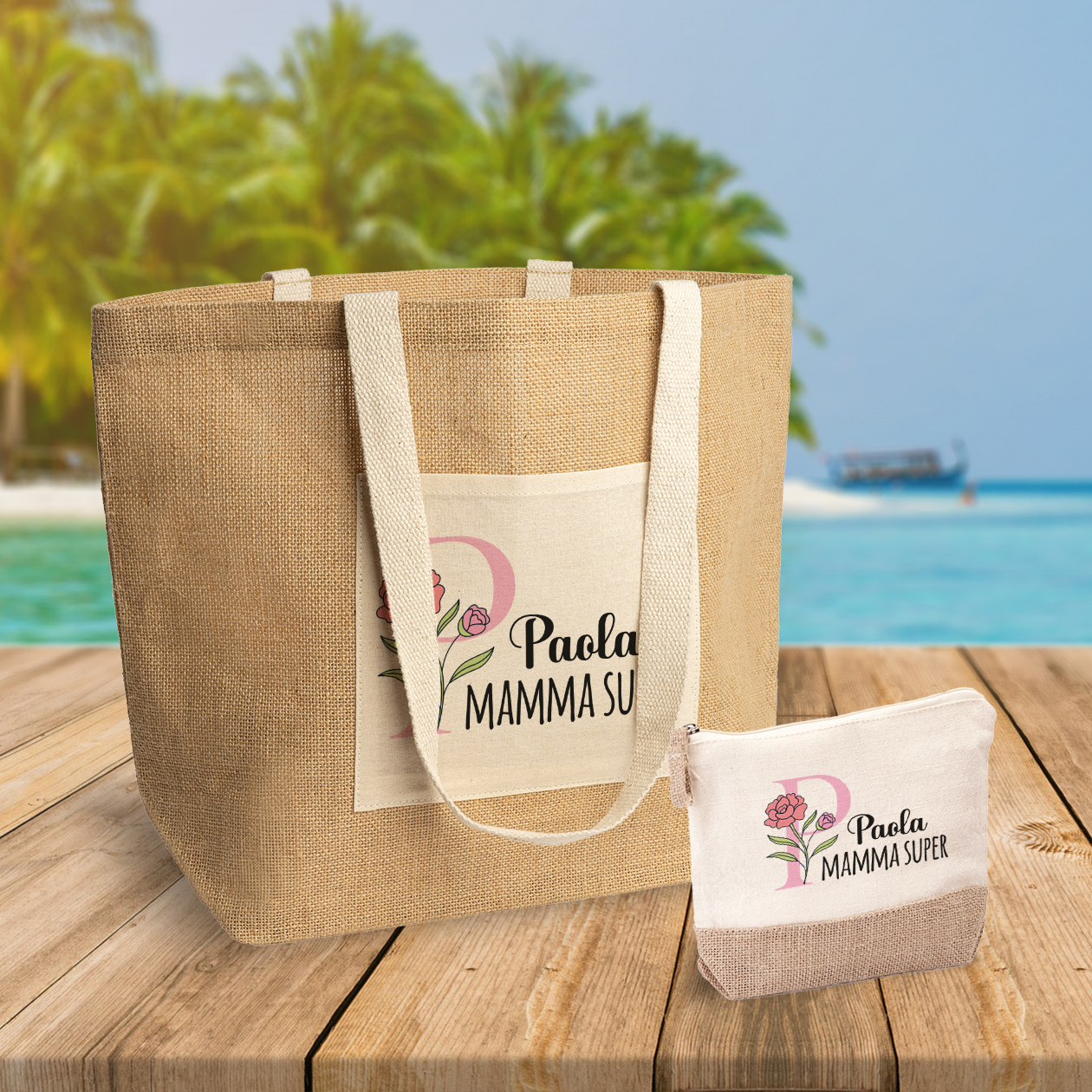 Mamma super - Set Combo Borsa mare e Pochette in Juta laminata - personalizzata con nome e iniziale