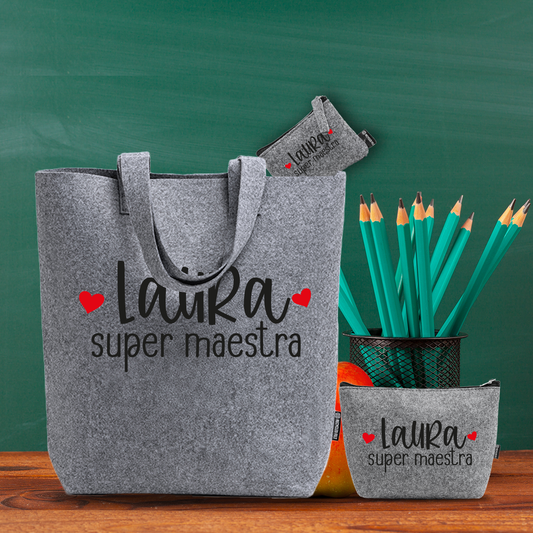 Super maestra - Tris Borse in feltro con designe melange - personalizzato con nome