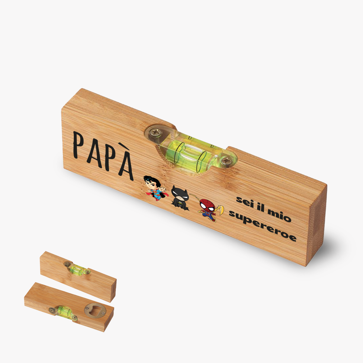 Papà sei il mio supereroe - Apribottiglia con mini livella