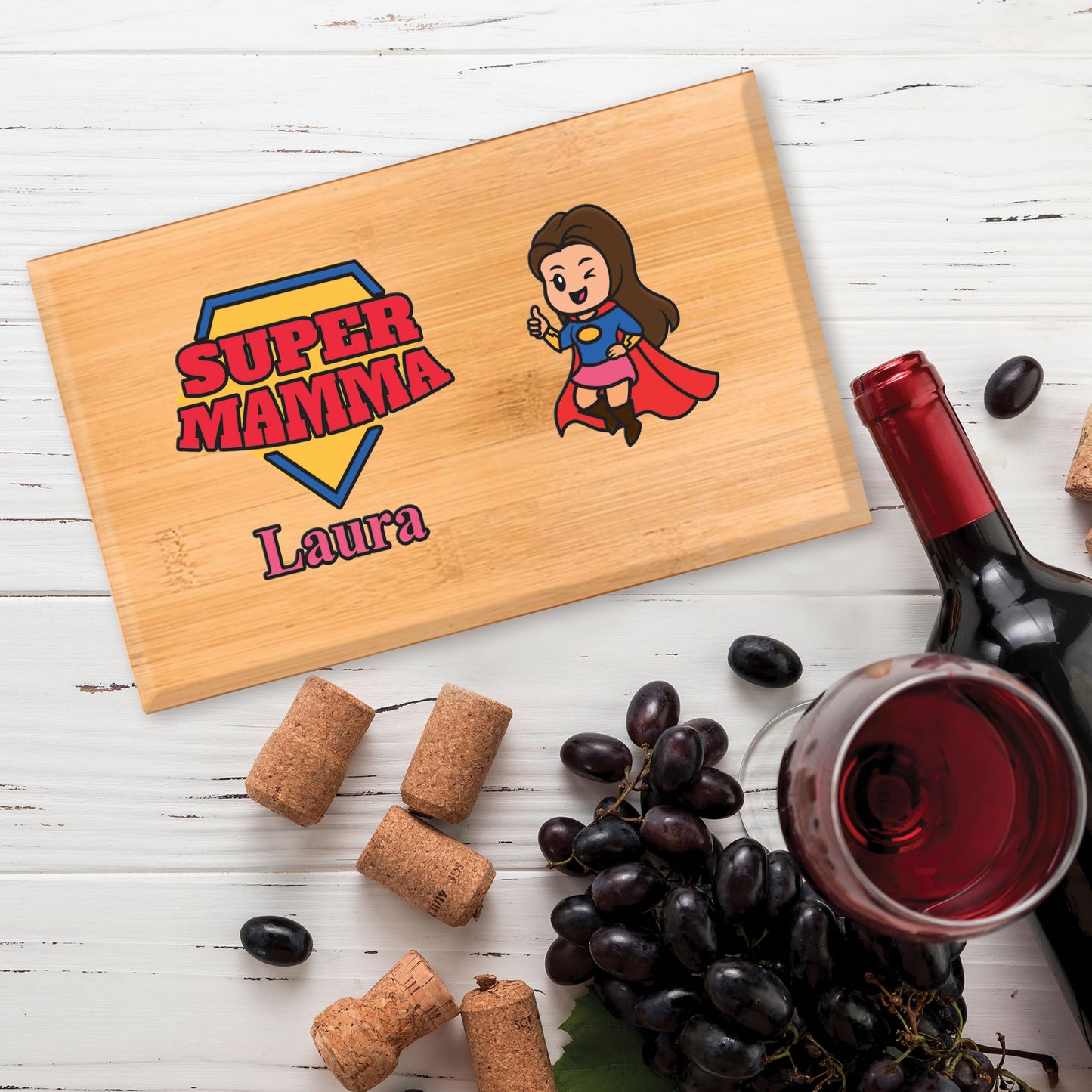 Super mamma (bruna) - Set da vino in bamboo personalizzato con nome